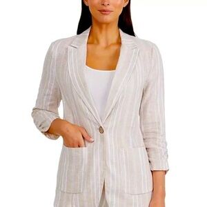 Ellen Tracy Tan & White Linen Blend Blazer - Size M (8-10) NWT